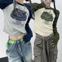 ロンT クロップド丈 ナンバープリント ラグランスリーブ ショート丈 トップス tシャツ スリムフィット 長袖 レトロ 大人可愛い ガーリー カジュアル DTCA-860701868371