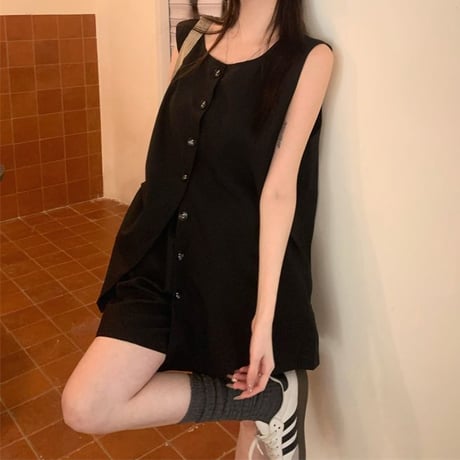 セットアップ 上下セット ロングベスト ショートパンツ 2点セット ルーズ ノースリーブ ハイウエスト レトロ 韓国ファッション レディース 大人可愛い ガーリー DTC-802457712850