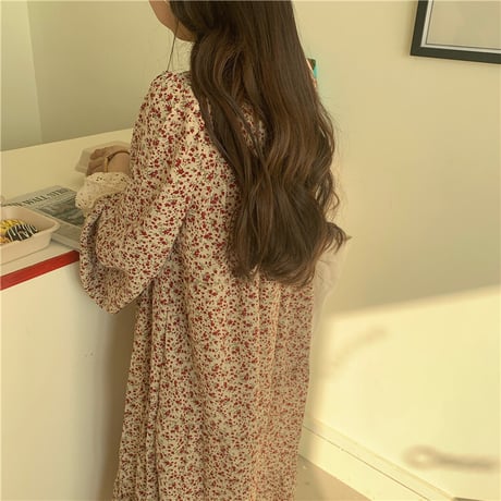 【ワンピース】 花柄 ハーフハイネック ベージュ ブラック 長袖 韓国ファッション レディース トランペットスリーブ ゆったりウエスト レトロ かわいい ガーリー 609900773741