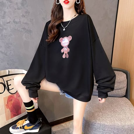 トレーナー 羽 エンジェルくまちゃん 薄手 シンプル ルーズ 韓国ファッション レディース トップス 大きめ ガーリー カジュアル ストリートファッション DTC-651472313621