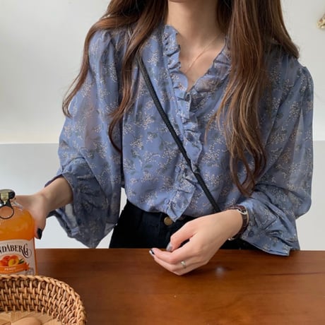 【3カラー】 花柄ブラウス 長袖 Vネック シフォン フリル ルーズ ブラウス レトロ 韓国ファッション レディース 大人可愛い ガーリー フェミニン DTC-616457551120
