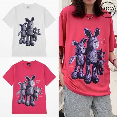 ユニセックス Tシャツ 半袖 メンズ レディース ラウンドネック ラビット うさぎ プリント オーバーサイズ 大きいサイズ ルーズ ストリート TBN-622458443446