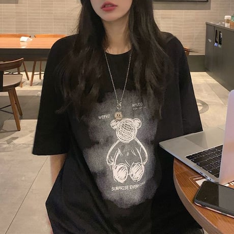 Tシャツ 半袖 クマちゃん ベアー プリント ラウンドネック オーバーサイズ 韓国ファッション レディース 大きめ ガーリー カジュアル ストリートファッション DTC-646471922876