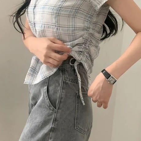 チェック柄シャツ サイドシャーリング トップス ショート丈 ドローストリング ドロスト チェックシャツ 半袖 レトロ 大人可愛い ガーリー カジュアル トレンド DTCA-925867914003