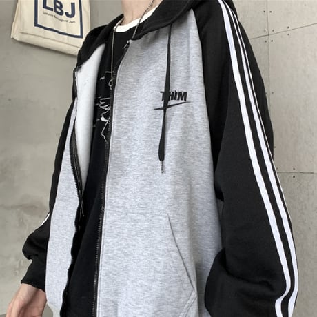 【3カラー】 ユニセックス パーカー ジップアップ バイカラー 裏起毛 ルーズ ライン入り 韓国ファッション メンズ レディース カジュアル ストリート系 DTC-627099735837