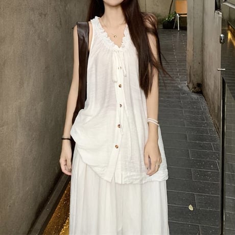 セットアップ 2点セット ノースリーブ シャツ ワイドパンツ ルーズ トップス モップパンツ レトロ 韓国ファッション レディース 大人可愛い ガーリー DTC-798283919671