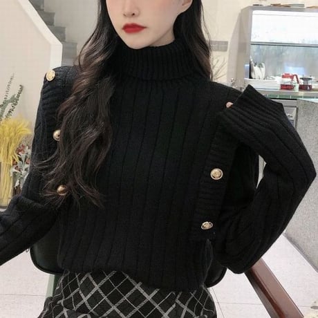 タートルネック リブニット プルオーバー 長袖 ニット レトロ 韓国ファッション レディース 大人可愛い ガーリー カジュアル DTC-656658948625