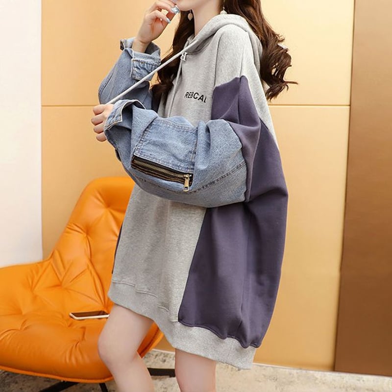 極美品 エルロデオ ジップアップパーカー 異素材 デニム切り替え フリーサイズ 楽天市場】 異素材切替デニムパーカー フード付き トップス