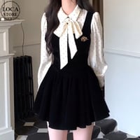 フェイクレイヤード ワンピース ドット柄 ブラウス ジャンパースカート リボン ボウタイ フェイクツーピース ミニワンピース Aライン レトロ 大人可愛い ガーリー DTCA-885816764205