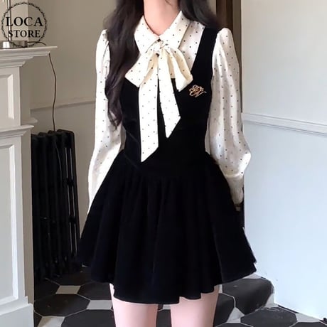 フェイクレイヤード ワンピース ドット柄 ブラウス ジャンパースカート リボン ボウタイ フェイクツーピース ミニワンピース Aライン レトロ 大人可愛い ガーリー DTCA-861524129051
