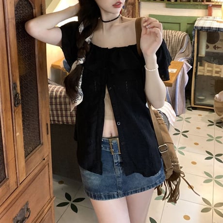 2way フリル ブラウス オフショルダー レース スリムフィット トップス 半袖 レトロ 大人可愛い ガーリー カジュアル DTCA-798480271659