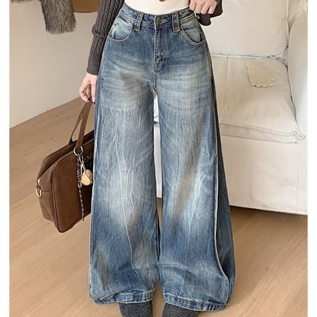 デニムパンツ ウォッシュ加工 ヴィンテージ風 デニム ジーンズ ワイドパンツ ハイウエスト ルーズ レトロ 大人可愛い ガーリー カジュアル DTC-878090803230