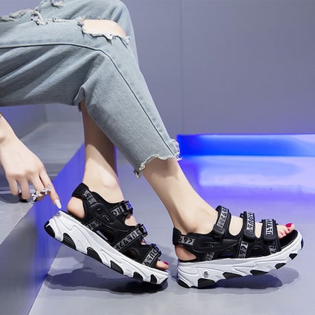 スポーツサンダル スポサン 5.5cm 厚底 韓国ファッション レディース サンダル フラットサンダル ベルト マジックテープ 厚底サンダル フラット かわいい 歩きやすい 617262292358
