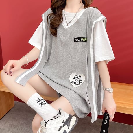 フェイクレイヤード Tシャツ ベスト ドッキングトップス 薄手 オーバーサイズ プルオーバー 半袖 レトロ 韓国ファッション レディース 大人可愛い ガーリー DTC-674778788204