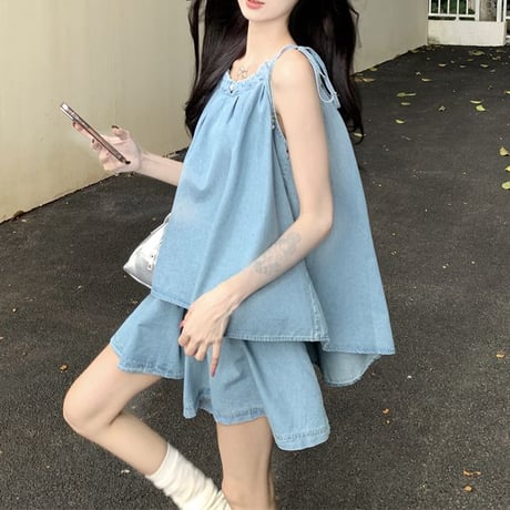 セットアップ 2点セット デニム ギャザー キャミソール トップス ショートパンツ ウエストゴム レトロ 韓国ファッション レディース 大人可愛い ガーリー DTC-801435157676