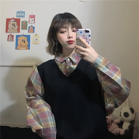 ベスト × チェック柄 フェイクレイヤード 韓国ファッション レディース 重ね着風 シャツ ガーリー カジュアル DTC-601095644955