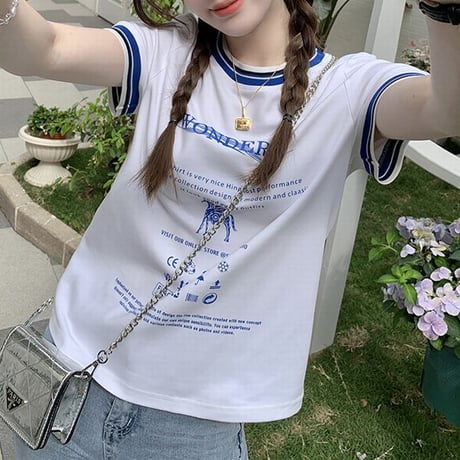 Tシャツ 半袖 トップス プリント クルーネック 薄手 レトロ 韓国ファッション レディース 大人可愛い ガーリー カジュアル DTC-716593164787