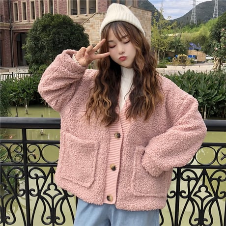 もこもこカーディガン ボア 韓国ファッション レディース カーディガン アウター 暖かい フェイクムートン ドロップショルダー ボアジャケット 大きいポケット (DCT-604923682357)
