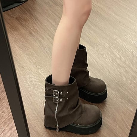 厚底 ショートブーツ 22.5～25.0cm バックル サイドジッパー 厚底ブーツ プラットフォーム ブーツ カジュアル 韓国ファッション レディース DTC-741312023736