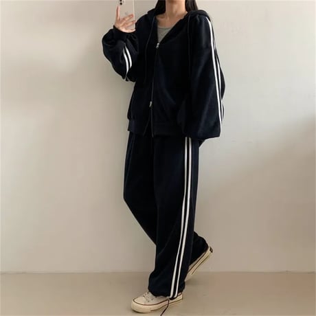 セットアップ 上下セット スウェット サイドライン ダブルジップ パーカー パンツ ジャージ ルーズ レトロ 大人可愛い ガーリー カジュアル DTCA-858330931501
