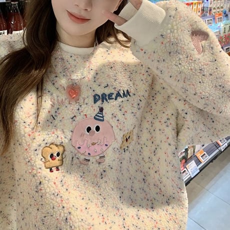 ボアトレーナー ボアトップス フェイクラムウール オーバーサイズ トップス 刺繍 長袖 プルオーバー レトロ 韓国ファッション レディース 大人可愛い カジュアル DTC-751169871105