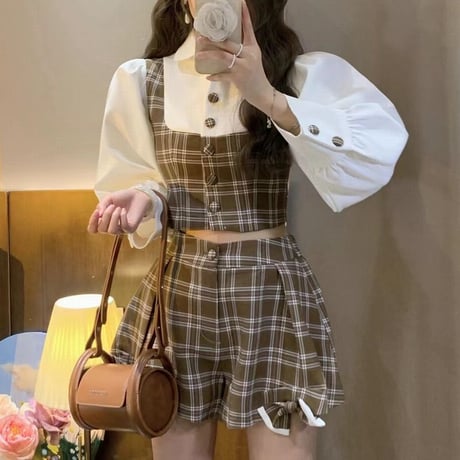 セットアップ チェック柄 フェイクレイヤードトップス ショートパンツ バルーンスリーブ ボタン リボン レトロ 韓国ファッション レディース 大人可愛い ガーリー DTC-682982915477