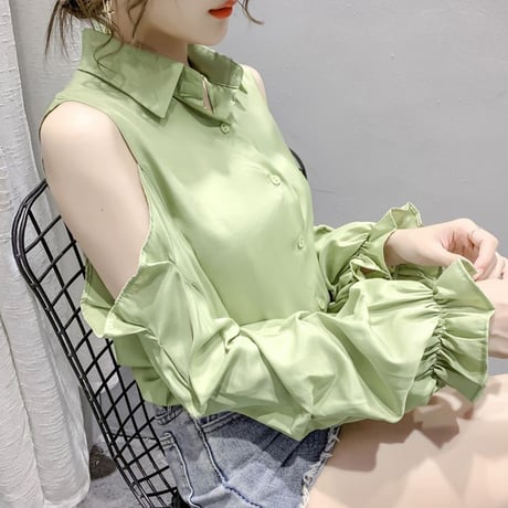 【3カラー】 オープンショルダー ブラウス シャツ 肩出し 肩開き パフスリーブ 長袖 薄手 レトロ 韓国ファッション レディース 大人可愛い ガーリー DTC-637340246907
