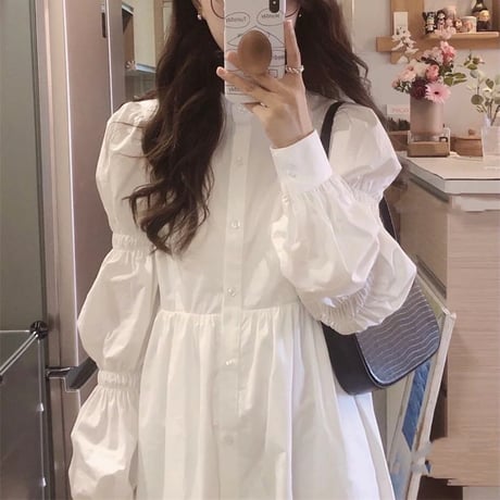 シャツワンピース ブラウスワンピース パフ袖 Aライン ウエストマーク ロング丈 長袖 ハイウエスト 大人可愛い ガーリー DTC-655003308597