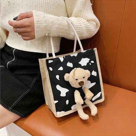 クマのぬいぐるみ付き 麻バッグ リネン ハンドバッグ キャンバスバッグ ミニバッグ ジッパー シンプル レトロ DTC-632445318533