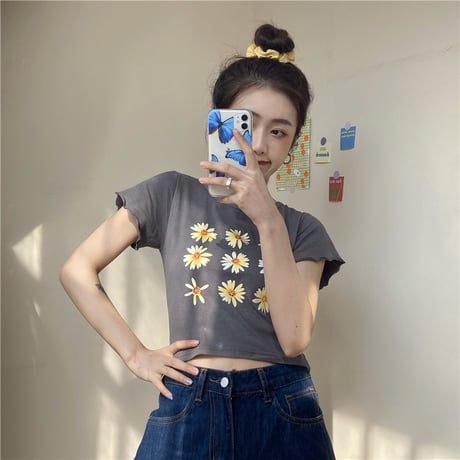Tシャツ 半袖 袖切りっぱなし ショート丈 フラワー 花 グレー カジュアル レトロ 韓国ファッション レディース 大人可愛い ガーリー DTC-614247121002_gr