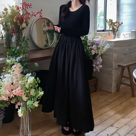 マキシ丈 ワンピース ウエストスリム ハイウエスト 長袖 Aライン シンプル レトロ 韓国ファッション レディース 大人可愛い ガーリー DTC-681602766875