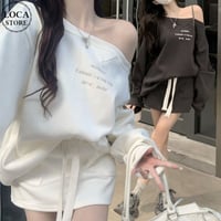 セットアップ 上下セット スエット オフショルダー トップス ミニスカート 長袖 レトロ 大人可愛い ガーリー カジュアル DTCA-845727065601