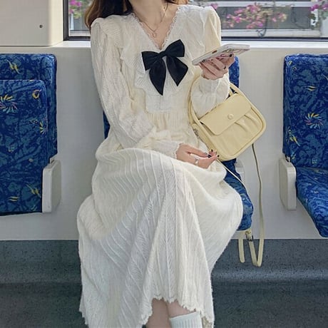 ワンピース リボン フリル 裏起毛 Vネック ハイウエスト ロング丈 Aライン 長袖 レトロ 韓国ファッション レディース 大人可愛い ガーリー フェミニン DTC-664791241864