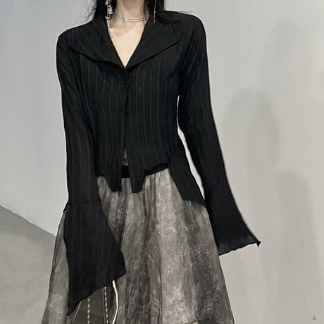 ブラウス 不規則デザイン フレアスリーブ ストライプ柄 スリム シャツ トップス ショート丈 長袖 レトロ 韓国ファッション レディース 大人可愛い ガーリー DTCA-714875873808
