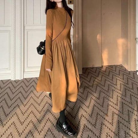 ワンピース ニット プリーツ ハーフハイネック ハイウエスト Aライン ロングワンピース 長袖 レトロ 韓国ファッション レディース 大人可愛い ガーリー DTC-740357650549