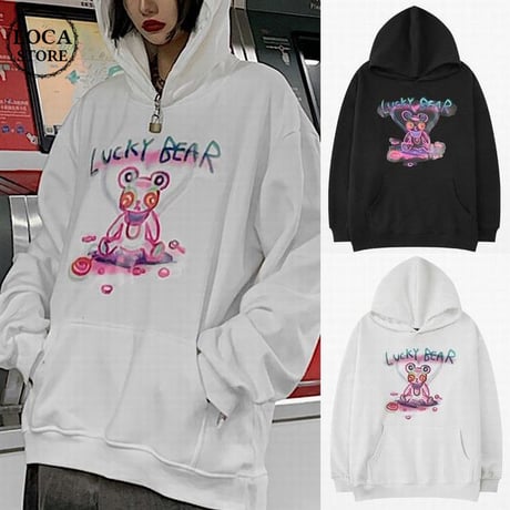 ユニセックス プルオーバー パーカー LUCKY BEAR 裏起毛 韓国ファッション メンズ レディース オーバーサイズ ストリート (DTC-609308830147)