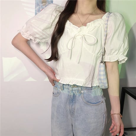 2way ブラウス スクエアネック オフショルダー クロップド丈 パフ袖 半袖 薄手 韓国ファッション レディース オフショル ショート丈 大人可愛い ガーリー DTC-646544025294