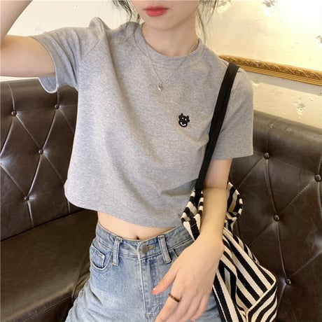 クロップド丈 Tシャツ 牛 プリント へそ出し 半袖 ラウンドネック 夏 韓国ファッション レディース ショート丈 トップス  カットソー 大人可愛い ガーリー DTC-640183810198