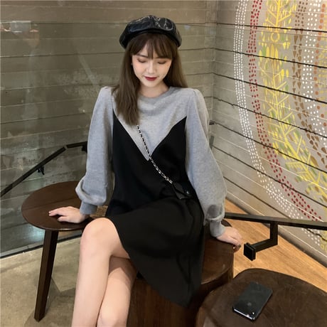 ワンピース フェイクレイヤード 長袖 ゆったり 韓国ファッション レディース ドッキングワンピース ラウンドネック 伸縮性ウエスト Aライン 大人可愛い ガーリー DTC-626497841493