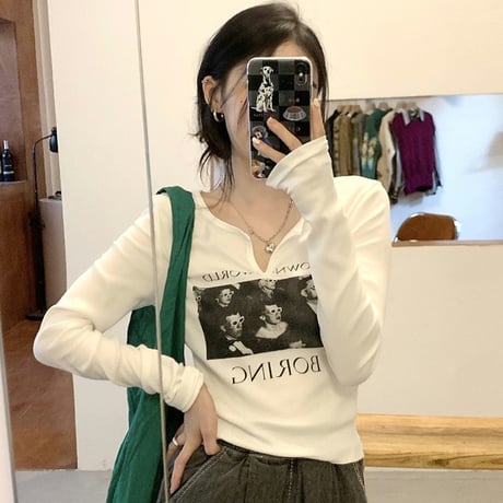 【3カラー】 Tシャツ 長袖 キーネック ショート丈 ロンT カットソー レトロ 韓国ファッション レディース 大人可愛い ガーリー カジュアル DTC-666641340557