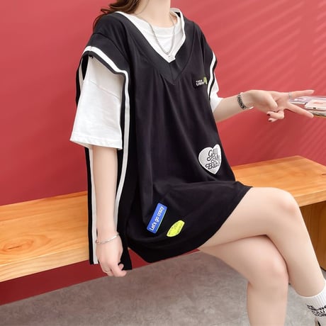 フェイクレイヤード Tシャツ ベスト ドッキングトップス 薄手 オーバーサイズ プルオーバー 半袖 レトロ 韓国ファッション レディース 大人可愛い ガーリー DTC-674778788204