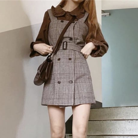 セットアップ ジャンパースカート ワンピース フリル ブラウス ミニ丈 レトロ 韓国ファッション レディース 大人可愛い ガーリー DTCA-628240588568
