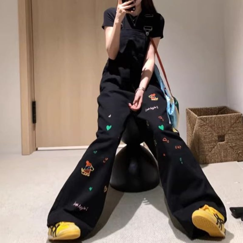 デニム サロペットパンツ オーバーオール 刺繍入り オールインワン