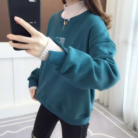 フェイクレイヤード ハーフタートルネック トレーナー プラスベルベット バイカラー 長袖 秋冬 レトロ 韓国ファッション レディース 大人可愛い ガーリー カジュアル DTC-741211280064