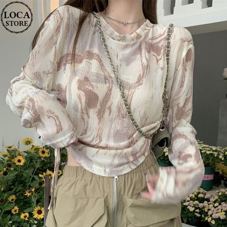 Tシャツ メッシュ 薄手 サイドドロスト ドローストリング ルーズ 長袖 レトロ 韓国ファッション レディース 大人可愛い ガーリー DTC-722434528937