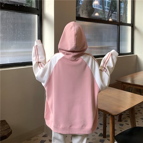 パーカー 袖ライン バイカラー ジップアップ 長袖 オーバーサイズ ゆったり レトロ 韓国ファッション レディース 大人可愛い ガーリー カジュアル DTC-656269992331
