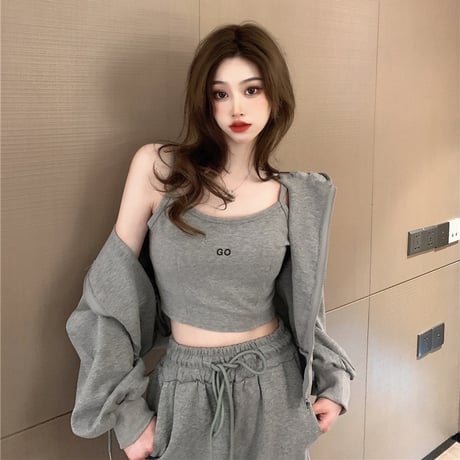 セットアップ 3点セット スウェット パーカー ジップアップ ショート丈 キャミソール タンクトップ パンツ ボトムス 長袖 ルーズ レトロ カジュアル DTCA-685560674661