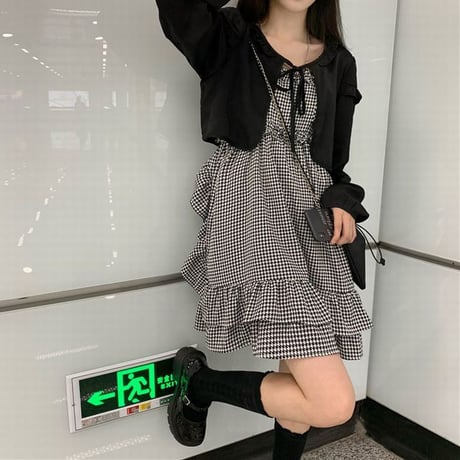 セットアップ ボレロ キャミワンピース 千鳥格子柄 チェック柄 ハイウエスト 2点セット 長袖 レトロ 韓国ファッション レディース 大人可愛い ガーリー DTC-644393055166