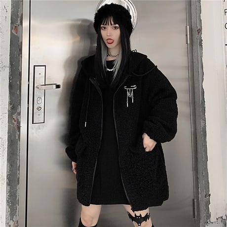 悪魔の角 フード ボアジャケット ボアブルゾン ラムウール 韓国ファッション レディース ボアパーカー ゆったり アウター 大人可愛い ガーリー DTC-630246238892