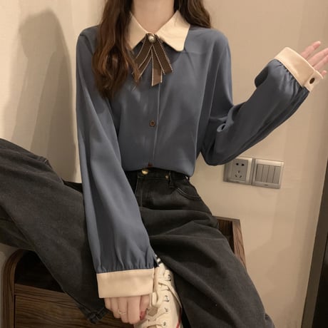 シャツ ブラウス リボンタイ パフスリーブ ルーズ 長袖 レトロ 韓国ファッション レディース 大人可愛い ガーリー DTC-659642910608